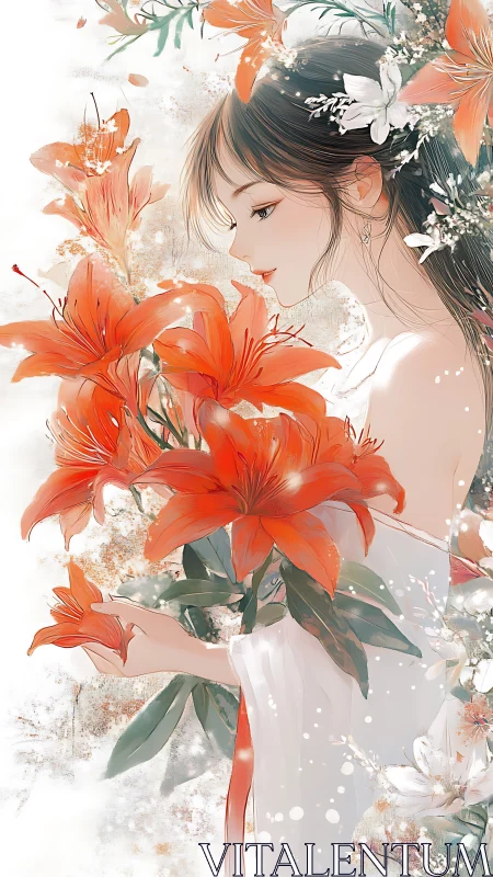 Profile portrait shows serene girl cradling vivid orange lilies