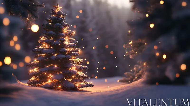 Snowy forest Christmas tree glowing with cozy winter lights.