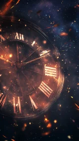 Roman numeral clock face appears amid dispersed glowing particles