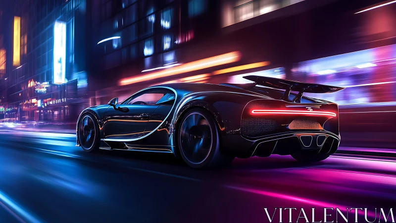 Black hypercar on neon-lit city street at night in motion.