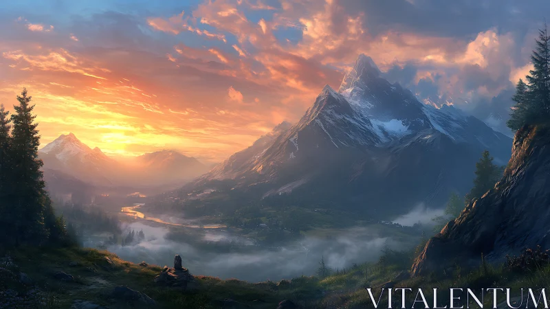 Sunrise over misted valley beneath towering alpine peaks.