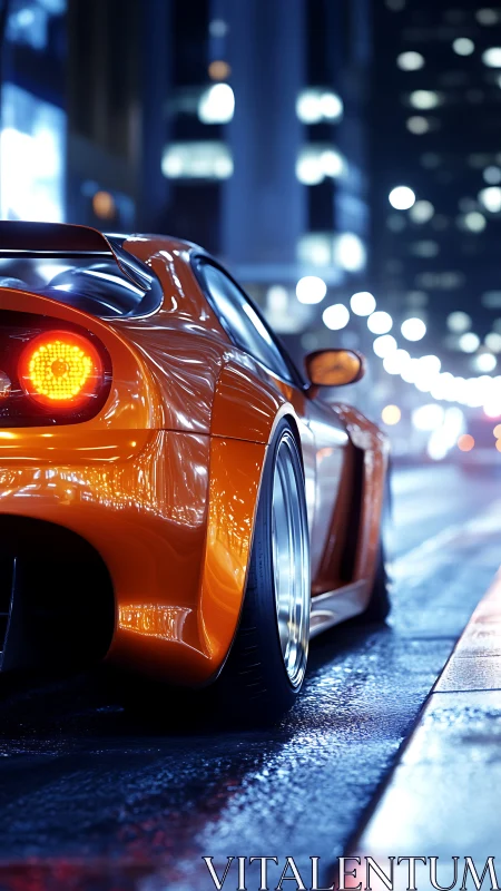 Neon-soaked orange supercar stalking the midnight city streets.