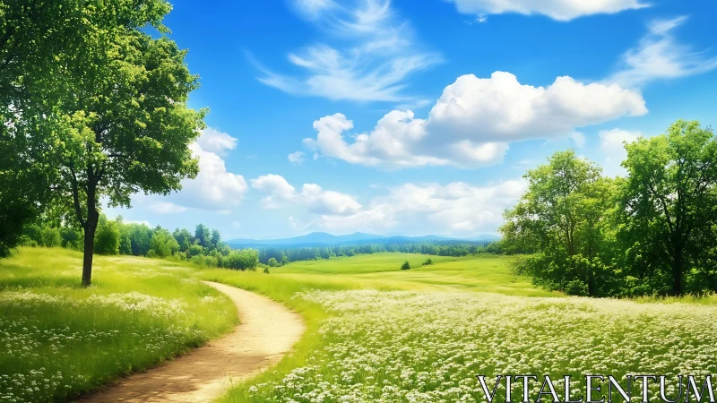 Sunlit meadow path curls lazily toward distant blue hills