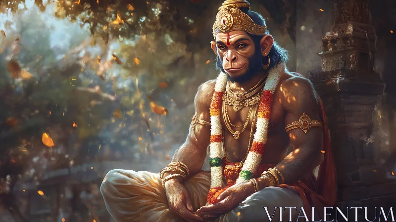 Anthropomorphic monkey deity in ornate garb under dappled temple light