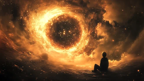Solitary figure watching luminous cosmic vortex portal.