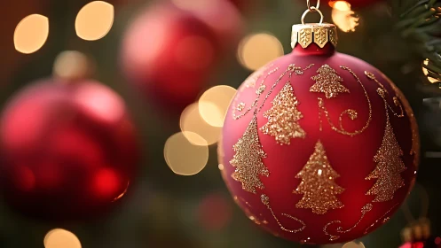 Cozy red Christmas ornaments glowing in soft holiday light.