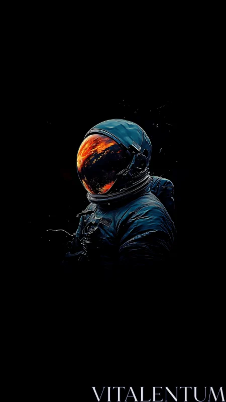 Astronaut in dark space suit reflects burning planetary horizon