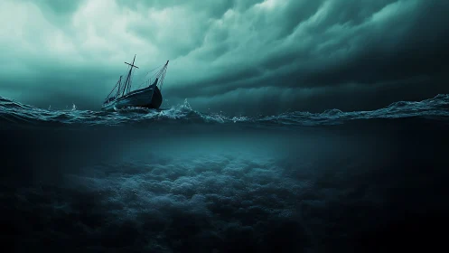 Storm-tossed wooden ship cuts dark teal ocean surface