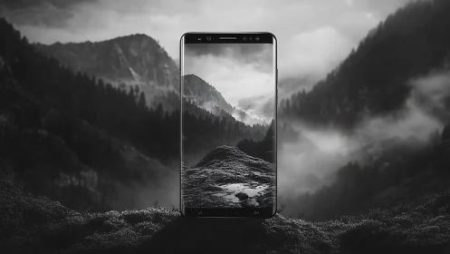 Monochrome bezel-less smartphone framing misty alpine valley