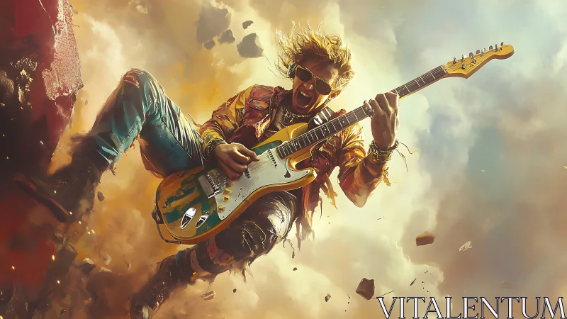 Electric rock guitarist in midair surrounded by explosive clouds.