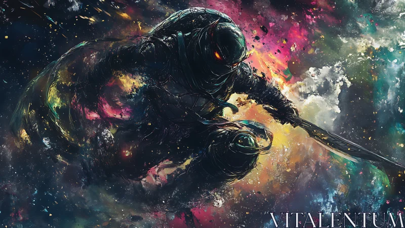 Dynamic astral rogue in luminous nebula brushwork composition.