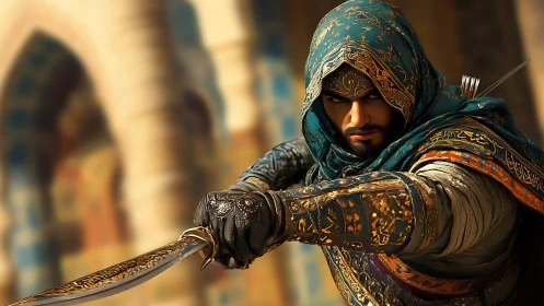 Hooded desert warrior poised with ornate curved sword.