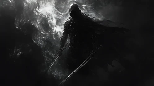 Silhouetted dual‑sword wraith emerges from volumetric smoke field