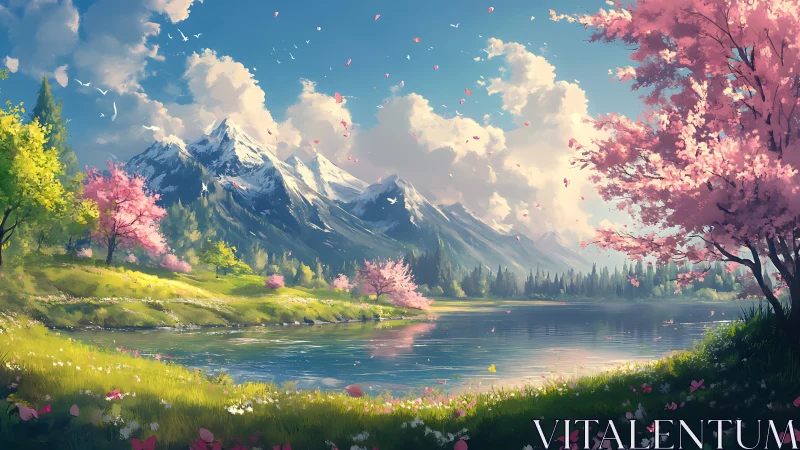 Spring alpine lake under snowcapped peaks with saturated lighting