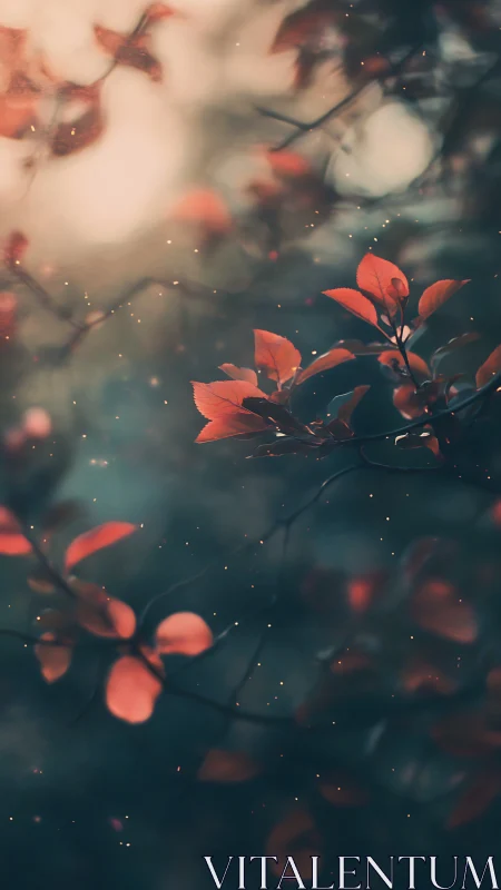 Scarlet leaves glow softly against a dreamy forest dusk