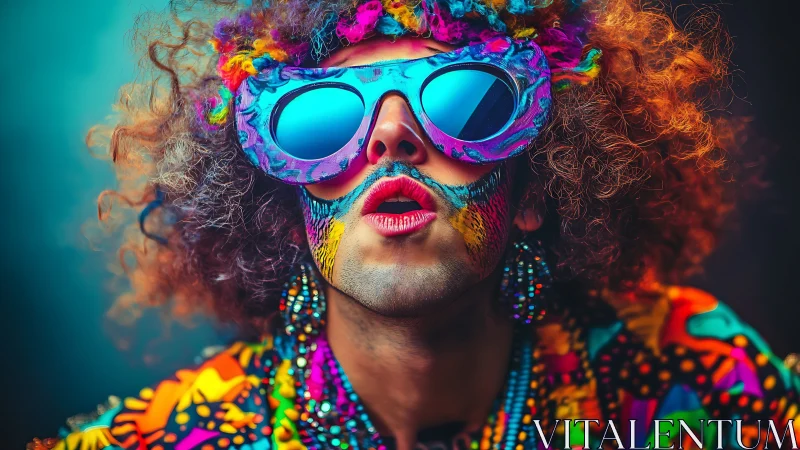 Colorful portrait shows person with neon glasses and face paint