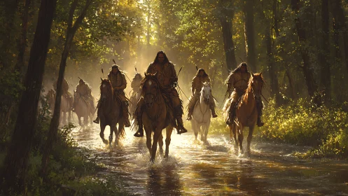 Horseback riders move through shallow forest stream at dawn