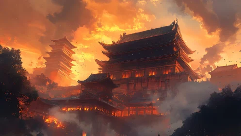 Conflagrated tiered temple complex under apocalyptic sky.