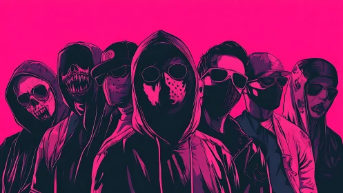 Neon masked crew standing strong in bold pink shadows.