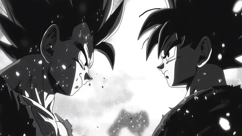 Monochrome anime duel portrait with high-contrast rim lighting