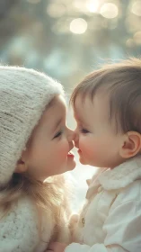 Two children sharing an innocent kiss in winter clothing.