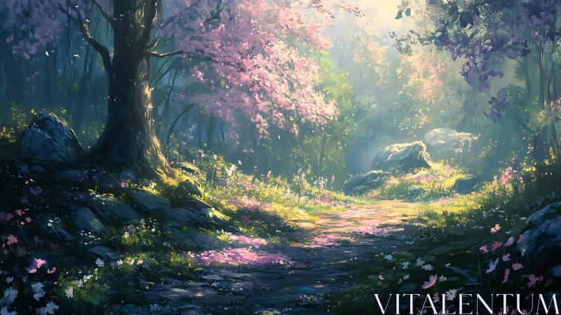 Enchanted Forest Path with Blooming Cherry Blossoms.