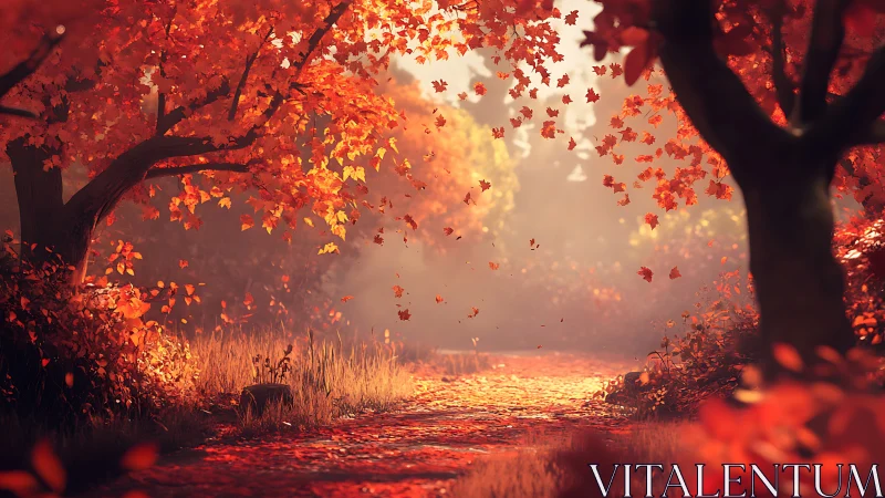 Autumn forest path rendered with volumetric light and depth of field