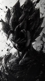 Inkborn warrior erupts from shadow, carved in liquid night.