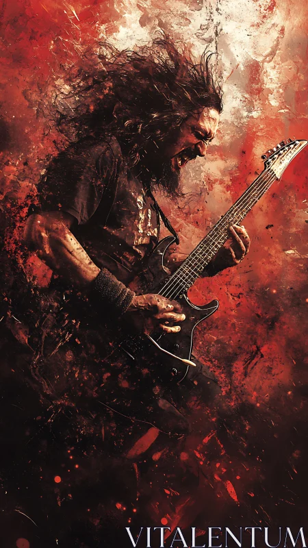 High-gain guitarist in fracturing red particle eruption.