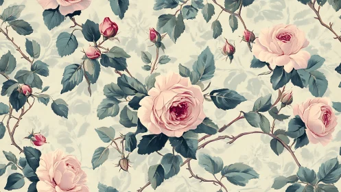 Vintage rose wallpaper pattern with soft pastel foliage.