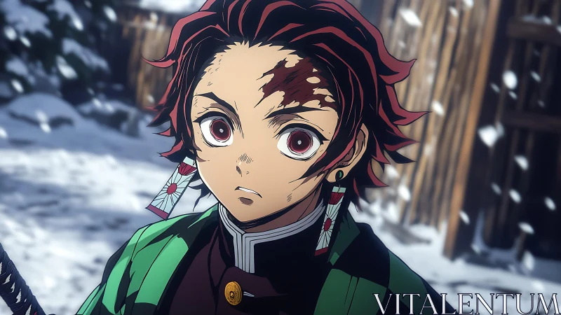 Anime swordsman with scarred forehead in snowy village