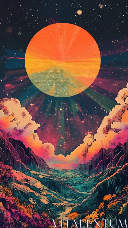 Radiant cosmic sunrise over a neon painted valley dreamscape.