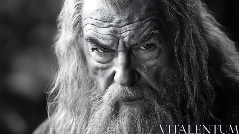 Old bearded man stares intensely into camera frame center