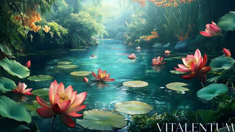 Iridescent lotus pond renders hyper-detailed botanical serenity