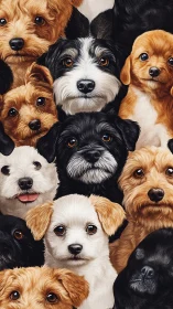 Dense arrangement of small dogs presented in frontal view