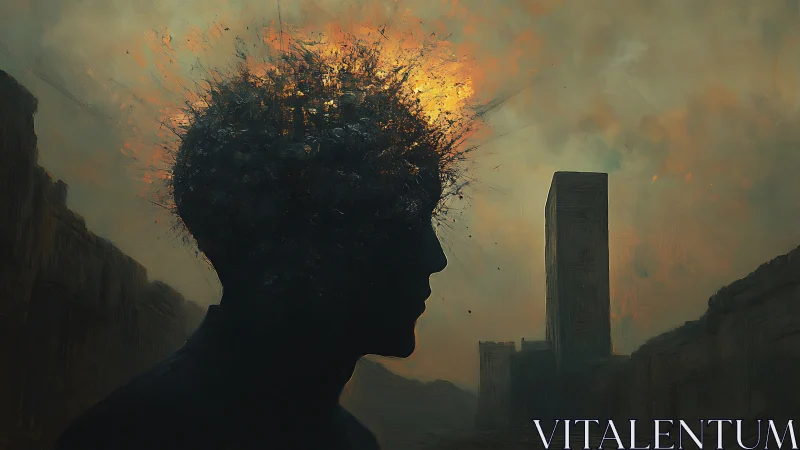 Silhouetted head with fragmented crown in urban dusk setting.