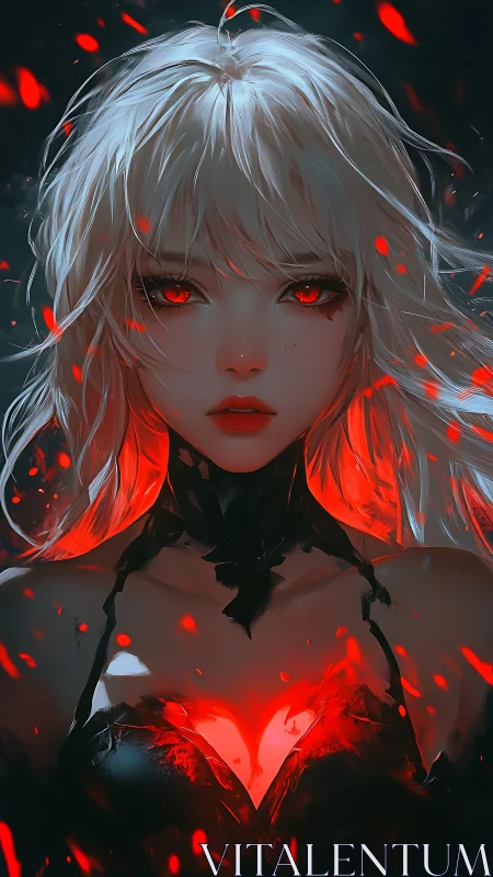 Crimson-eyed sorceress with luminous heart core portrait.