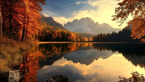 Golden autumn lake reflection under mountain sunset.