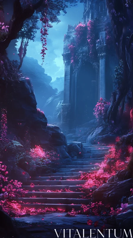 Enchanted stone stairway ascends toward a luminous ruined gate