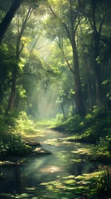 Sunlit Forest Stream Where Nature's Quiet Magic Flows.
