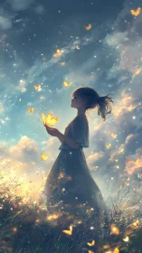 Girl in twilight meadow communes softly with glowing butterflies