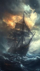 Storm-tossed tall ship cuts through dark, blazing skies at sea