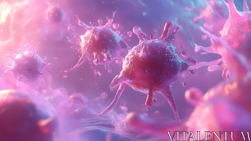 Vibrant 3D Illustration of Virus Particles in Pink and Purple Tones.