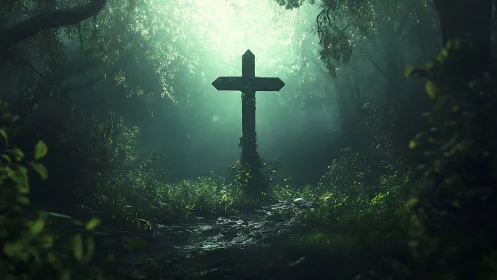 Illuminated Cross Standing in Misty Forest Wilderness