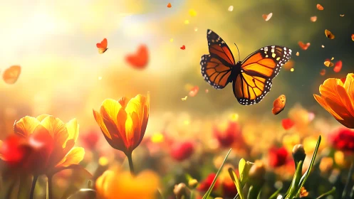 Monarch butterfly over glowing tulips in warm sunset field.
