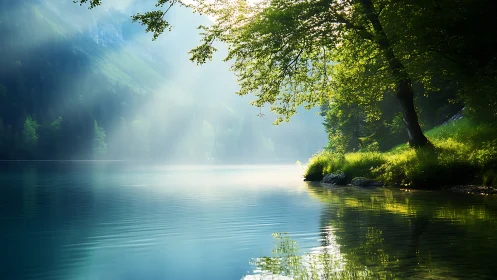 Backlit lakeside forest with volumetric morning light shafts
