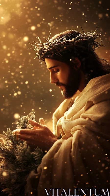 Profile figure with thorn crown holding frosted evergreen bough.