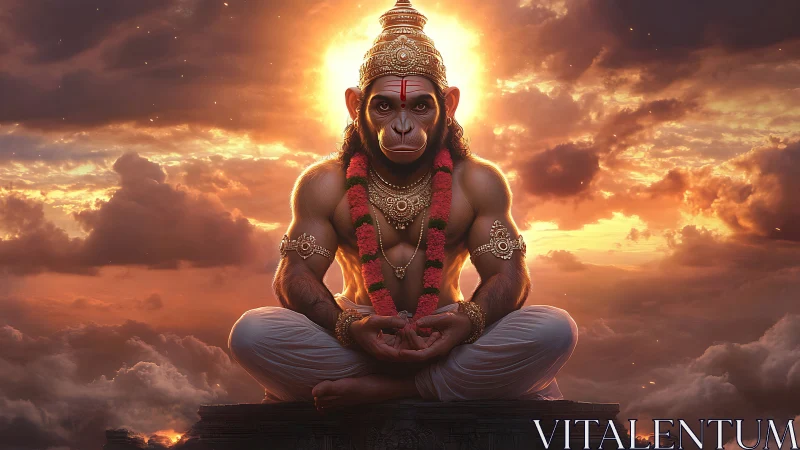Divine monkey warrior meditates in glowing sunset clouds.