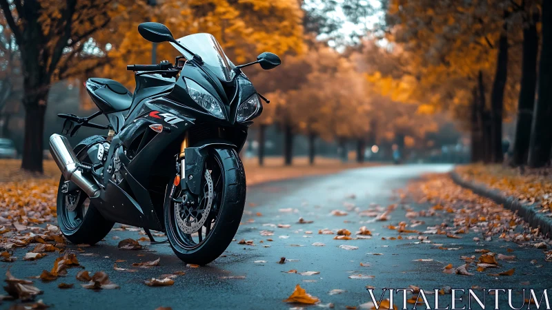 Midnight sportbike pauses on a rain kissed autumn avenue.