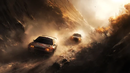 Dusty mountain rally racers charging through golden light.